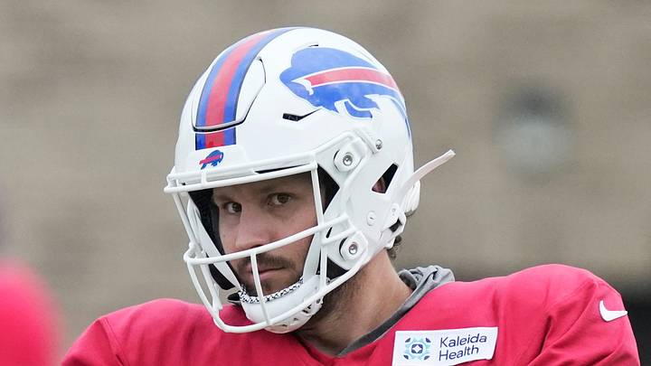 Bills quarterback Josh Allen throws during position drills during the final day of Buffalo Bills training camp at St. John Fisher University Friday, August 7, 2026 in Pittsford.
