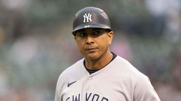 Jun 28, 2023; Oakland, California, USA; New York Yankees third base coach Luis Rojas (67) during the fourth inning against the Oakland Athletics at Oakland-Alameda County Coliseum. Mandatory Credit: Stan Szeto-Imagn Images Jun 28, 2023; Oakland, California, USA; New York Yankees third base coach Luis Rojas (67) during the fourth inning against the Oakland Athletics at Oakland-Alameda County Coliseum. Mandatory Credit: Stan Szeto-Imagn Images