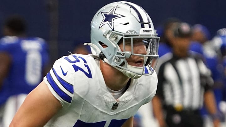 Sep 14, 2025; Arlington, Texas, USA; Dallas Cowboys linebacker Jack Sanborn (57) in action against the New York Giants at AT&T Stadium. Sep 14, 2025; Arlington, Texas, USA; Dallas Cowboys linebacker Jack Sanborn (57) in action against the New York Giants at AT&T Stadium.