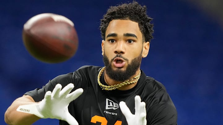 Indiana wideout Elijah Sarratt (WO34) during the NFL Scouting Combine