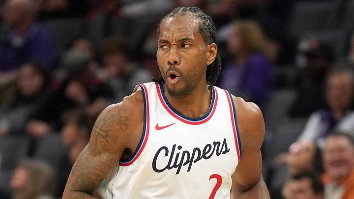 Apr 11, 2025; Sacramento, California, USA; Los Angeles Clippers forward Kawhi Leonard (2) reacts after making a three point basket against the Sacramento Kings during the second quarter at Golden 1 Center. Mandatory Credit: Darren Yamashita-Imagn Images