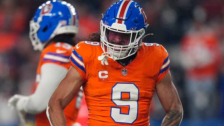 Nov 6, 2025; Denver, Colorado, USA; Denver Broncos safety Talanoa Hufanga (9) reacts against the Las Vegas Raiders during the first half at Empower Field at Mile High. Nov 6, 2025; Denver, Colorado, USA; Denver Broncos safety Talanoa Hufanga (9) reacts against the Las Vegas Raiders during the first half at Empower Field at Mile High.