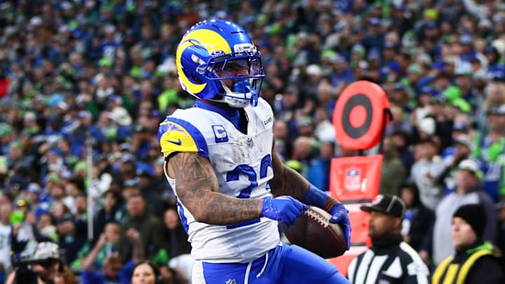 Jan 25, 2026; Seattle, WA, USA; Los Angeles Rams running back Kyren Williams (23) celebrates after scoring a touchdown against the Seattle Seahawks during the first half in the 2026 NFC Championship Game at Lumen Field. Mandatory Credit: Kevin Ng-Imagn Images Jan 25, 2026; Seattle, WA, USA; Los Angeles Rams running back Kyren Williams (23) celebrates after scoring a touchdown against the Seattle Seahawks during the first half in the 2026 NFC Championship Game at Lumen Field. Mandatory Credit: Kevin Ng-Imagn Images