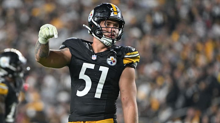 Oct 6, 2024; Pittsburgh, Pennsylvania, USA; Pittsburgh Steelers linebacker Nick Herbig (51) lines up against the Dallas Cowboys during the second half at Acrisure Stadium. Mandatory Credit: Barry Reeger-Imagn Images