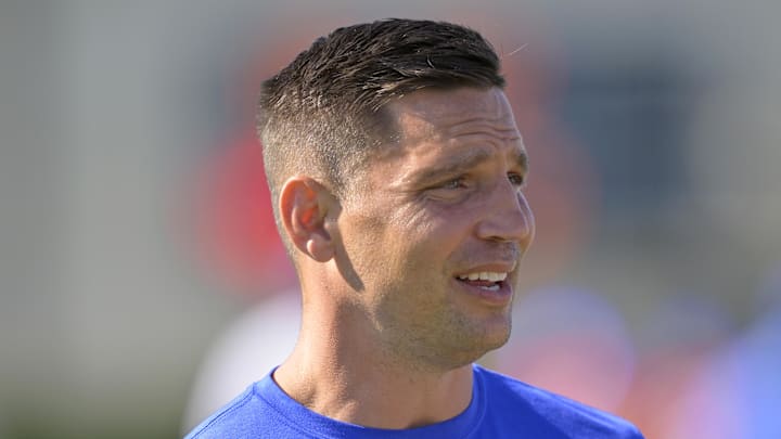 Jul 29, 2024; Los Angeles, CA, USA; Los Angeles Rams defensive coordinator Chris Shula on the field during training camp at Loyola Marymount University. Mandatory Credit: Jayne Kamin-Oncea-Imagn Images