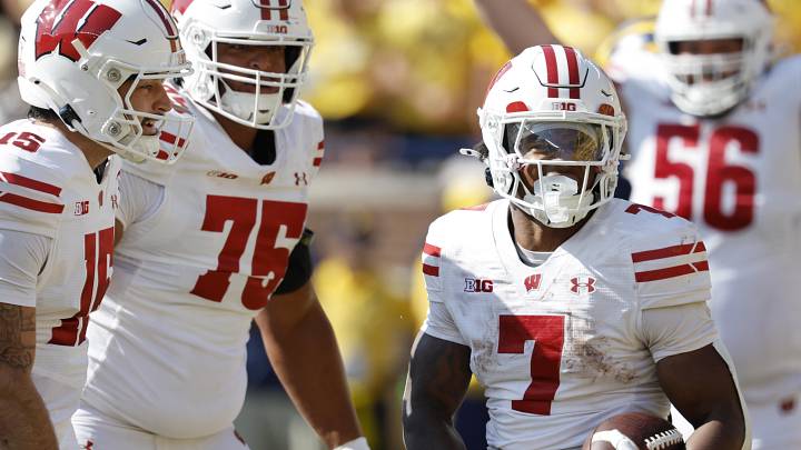 Wisconsin Badgers running back Dilin Jones celebrates after scoring in the first half against the Michigan Wolverines at Michigan Stadium. 