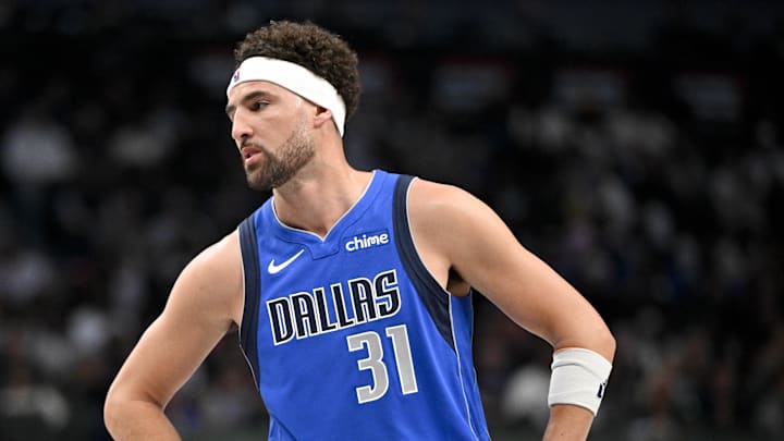 Mar 31, 2025; Dallas, Texas, USA; Dallas Mavericks guard Klay Thompson (31) during the game between the Dallas Mavericks and the Brooklyn Nets at the American Airlines Center. Mandatory Credit: Jerome Miron-Imagn Images