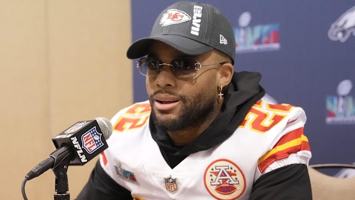 Feb 7, 2023; Scottsdale, AZ, USA; Kansas City Chiefs safety Juan Thornhill answers questions during team media availability at Hyatt Regency Scottsdale Resort & Spa at Gainey Ranch. Feb 7, 2023; Scottsdale, AZ, USA; Kansas City Chiefs safety Juan Thornhill answers questions during team media availability at Hyatt Regency Scottsdale Resort & Spa at Gainey Ranch.