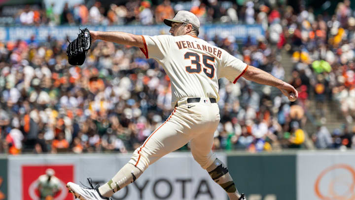 May 18, 2025; San Francisco, California, USA; San Francisco Giants pitcher Justin Verlander (35) throws a pitch first inning against the Oakland Athletics at Oracle Park. 
