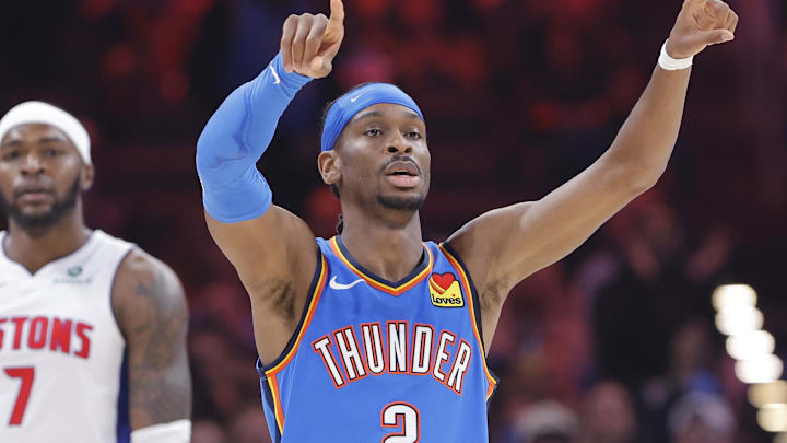 Apr 2, 2025; Oklahoma City, Oklahoma, USA; Oklahoma City Thunder guard Shai Gilgeous-Alexander (2) gestures after scoring against the Detroit Pistons during the first quarter at Paycom Center. Mandatory Credit: Alonzo Adams-Imagn Images Apr 2, 2025; Oklahoma City, Oklahoma, USA; Oklahoma City Thunder guard Shai Gilgeous-Alexander (2) gestures after scoring against the Detroit Pistons during the first quarter at Paycom Center. Mandatory Credit: Alonzo Adams-Imagn Images