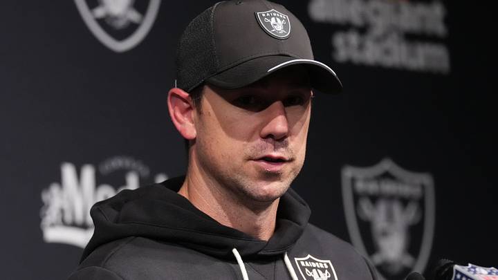 Sep 13, 2026; Paradise, Nevada, USA;  Las Vegas Raiders head coach Klint Kubiak speaks with media after the game against the Miami Dolphins at Allegiant Stadium.  Mandatory Credit: Kirby Lee-Imagn Images