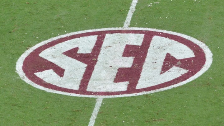 Oct 10, 2015; Starkville, MS, USA; The SEC logo on the field as the Mississippi State Bulldogs Oct 10, 2015; Starkville, MS, USA; The SEC logo on the field as the Mississippi State Bulldogs