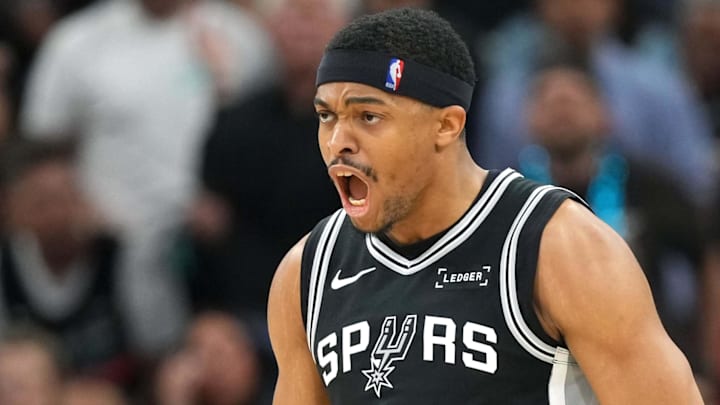 May 12, 2026; San Antonio, Texas, USA; San Antonio Spurs forward Keldon Johnson (3) reacts during the first half of Game 5 of the second round of the 2026 NBA Playoffs against the Minnesota Timberwolves at Frost Bank Center.