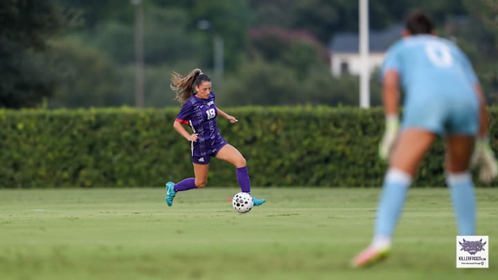 TCU midfielder Emma Yolinsky (18) races down the wing, looking to add on against the Texas A&M Aggies on Sunday, Sept. 7, at Garvey-Rosenthal Soccer Stadium in Fort Worth, Texas.