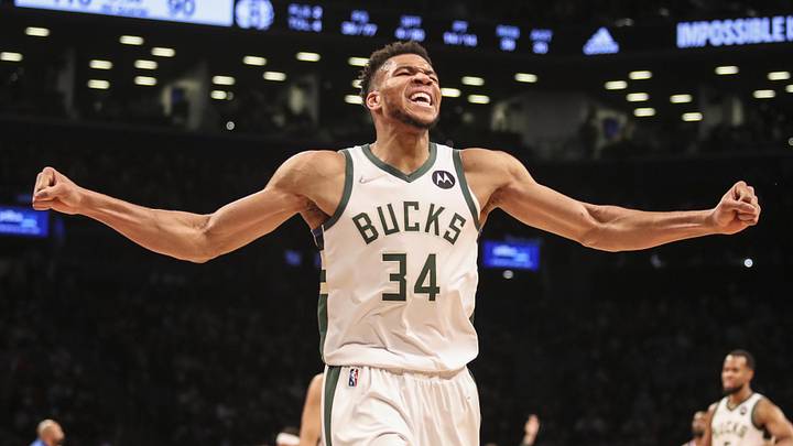Jan 7, 2022; Brooklyn, New York, USA; Milwaukee Bucks forward Giannis Antetokounmpo (34) celebrates after the Brooklyn Nets call a time out in the fourth quarter at Barclays Center. Mandatory Credit: Wendell Cruz-Imagn Images Jan 7, 2022; Brooklyn, New York, USA; Milwaukee Bucks forward Giannis Antetokounmpo (34) celebrates after the Brooklyn Nets call a time out in the fourth quarter at Barclays Center. Mandatory Credit: Wendell Cruz-Imagn Images