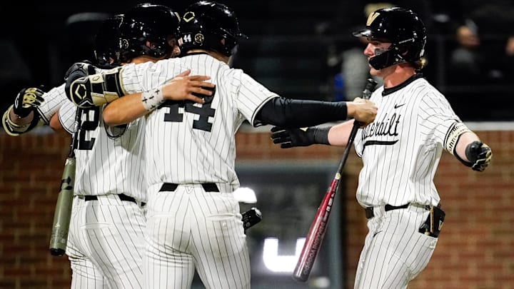 Vanderbilt third baseman Brodie Johnston (9) celebrates his two-RBI home run against Xavier during the seventh inning at Hawkins Field in Nashville, Tenn., Friday, March 7, 2025. Vanderbilt won 15-3 in seven innings. Vanderbilt third baseman Brodie Johnston (9) celebrates his two-RBI home run against Xavier during the seventh inning at Hawkins Field in Nashville, Tenn., Friday, March 7, 2025. Vanderbilt won 15-3 in seven innings.