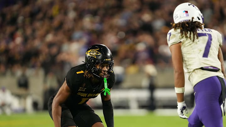Sep 26, 2025; Tempe, Arizona, USA; Arizona State Sun Devils defensive back Keith Abney II (1) covers TCU Horned Frogs wide receiver Jordan Dwyer (7) in the second half at Mountain America Stadium, Home of the ASU Sun Devils. Mandatory Credit: Jacob Reiner-Imagn Images