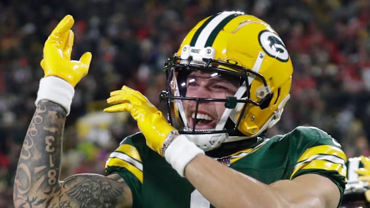 Green Bay Packers wide receiver Christian Watson (9) celebrates scoring a touchdown against the Kansas City Chiefs in 2023.