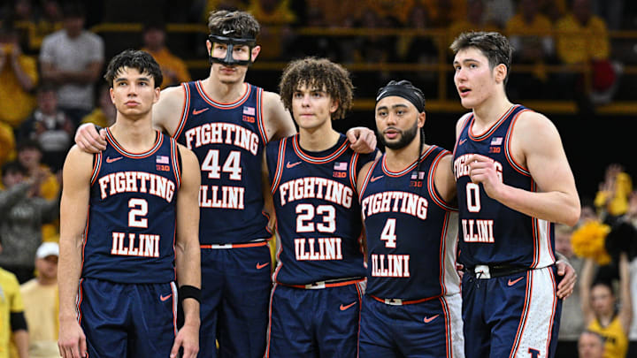Jan 11, 2026; Iowa City, Iowa, USA; Illinois Fighting Illini guard Andrej Stojakovic (2) and center Zvonimir Ivisic (44) and guard Keaton Wagler (23) and guard Kylan Boswell (4) and forward David Mirkovic (0) look on during the second half against the Iowa Hawkeyes at Carver-Hawkeye Arena. Mandatory Credit: Jeffrey Becker-Imagn Images Jan 11, 2026; Iowa City, Iowa, USA; Illinois Fighting Illini guard Andrej Stojakovic (2) and center Zvonimir Ivisic (44) and guard Keaton Wagler (23) and guard Kylan Boswell (4) and forward David Mirkovic (0) look on during the second half against the Iowa Hawkeyes at Carver-Hawkeye Arena. Mandatory Credit: Jeffrey Becker-Imagn Images