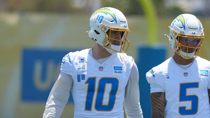 Jun 16, 2026, El Segundo, California; Los Angeles Chargers quarterbacks Justin Herbert (10) and Trey Lance (5) during minicamp at The Bolt. Mandatory Credit: Kirby Lee-Imagn Images