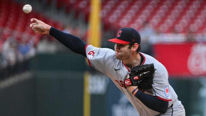 Apr 13, 2026; St. Louis, Missouri, USA; Cleveland Guardians starting pitcher Gavin Williams (32) pitches against the St. Louis Cardinals during the first inning at Busch Stadium. Mandatory Credit: Jeff Curry-Imagn Images
