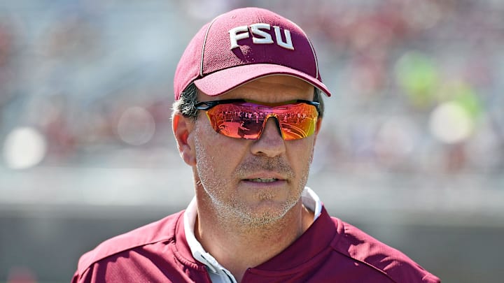 Sep 23, 2017; Tallahassee, FL, USA; Florida State Seminoles head coach Jimbo Fisher before the start of the game against the North Carolina State Wolfpack at Doak Campbell Stadium. Mandatory Credit: Melina Vastola-Imagn Images Sep 23, 2017; Tallahassee, FL, USA; Florida State Seminoles head coach Jimbo Fisher before the start of the game against the North Carolina State Wolfpack at Doak Campbell Stadium. Mandatory Credit: Melina Vastola-Imagn Images