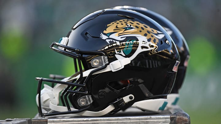Nov 3, 2024; Philadelphia, Pennsylvania, USA; Jacksonville Jaguars helmets on the sidelines against the Philadelphia Eagles at Lincoln Financial Field. Mandatory Credit: Eric Hartline-Imagn Images