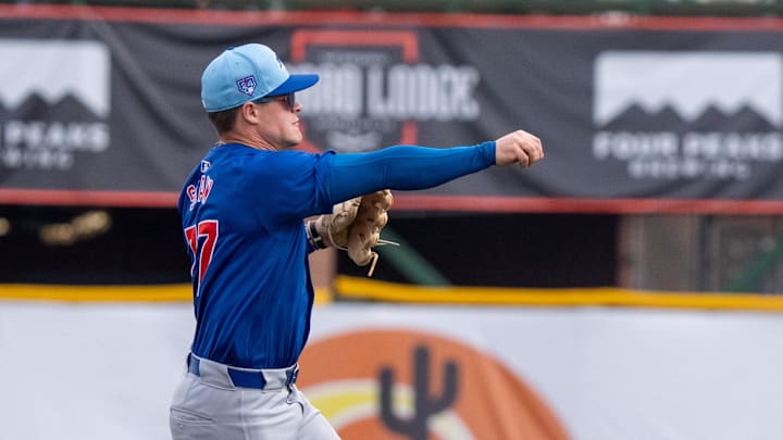 Feb 24, 2024; Scottsdale, Arizona, USA; Chicago Cubs infielder Matt Shaw (77) throws to first base in the first inning during a spring training game against the San Francisco Giants at Scottsdale Stadium. Feb 24, 2024; Scottsdale, Arizona, USA; Chicago Cubs infielder Matt Shaw (77) throws to first base in the first inning during a spring training game against the San Francisco Giants at Scottsdale Stadium.