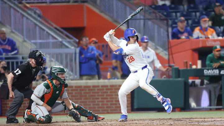Florida Gators catcher Luke Heyman, seen here taking an at-bat in Friday's game, hit a pair of two-run home runs in Saturday's win over Miami.