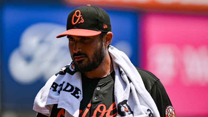 Jun 21, 2025; Bronx, New York, USA; Baltimore Orioles pitcher Zach Eflin (24) heads to the dugout from the bullpen before the game against the New York Yankees at Yankee Stadium. Mandatory Credit: John Jones-Imagn Images