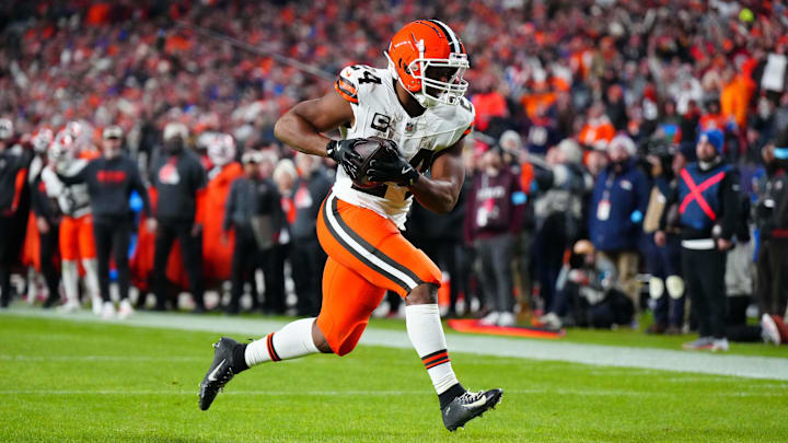 Dec 2, 2024; Denver, Colorado, USA; Cleveland Browns running back Nick Chubb (24) scores a touchdown in the fourth quarter against the Denver Broncos at Empower Field at Mile High. Mandatory Credit: Ron Chenoy-Imagn Images