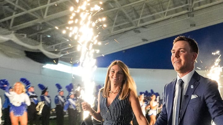 New Kentucky Wildcat head coach Will Stein arrives with wife, Darby has he is introduced at Kentucky on Wednesday, December 3, 2025