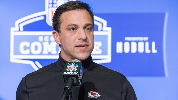 Feb 28, 2023; Indianapolis, IN, USA; Kansas City Chiefs general manager Brett Veach speaks to the press at the NFL Combine at Lucas Oil Stadium. Mandatory Credit: Trevor Ruszkowski-Imagn Images