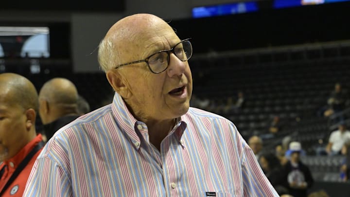 Oct 8, 2024; Oceanside, California, USA;  Jim Boeheim, former head basketball coach at Syracuse University talks with Los Angeles Clippers owner Steve Ballmer prior to the preseason game against the Brooklyn Nets at Frontwave Arena. Mandatory Credit: Jayne Kamin-Oncea-Imagn Images