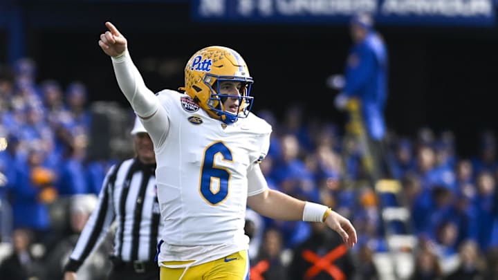 Dec 27, 2025; Annapolis, MD, USA;  Pittsburgh Panthers quarterback Mason Heintschel (6) reacts during the first half of the Military Bowl against the East Carolina Pirates at Navy-Marine Corps Stadium. Mandatory Credit: Tommy Gilligan-Imagn Images
