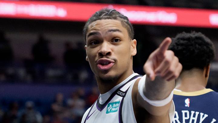 Oct 29, 2026; New Orleans, Louisiana, USA;  Sacramento Kings guard Darius Acuff Jr. (5) reacts after a basket next to New Orleans Pelicans forward Trey Murphy III (25) during the first half at Smoothie King Center.  Mandatory Credit: Matthew Hinton-Imagn Images