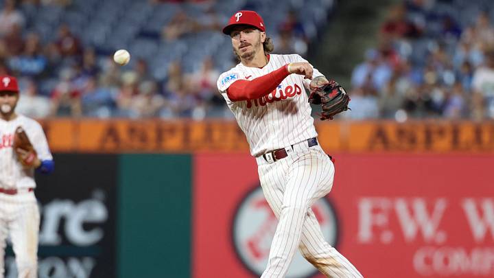 Jul 22, 2026; Philadelphia, Pennsylvania, USA; Philadelphia Phillies second baseman Bryson Stott (5) throws out Los Angeles Dodgers center fielder Andy Pages (not pictured) during the ninth inning at Citizens Bank Park. Mandatory Credit: Bill Streicher-Imagn Images Jul 22, 2026; Philadelphia, Pennsylvania, USA; Philadelphia Phillies second baseman Bryson Stott (5) throws out Los Angeles Dodgers center fielder Andy Pages (not pictured) during the ninth inning at Citizens Bank Park. Mandatory Credit: Bill Streicher-Imagn Images