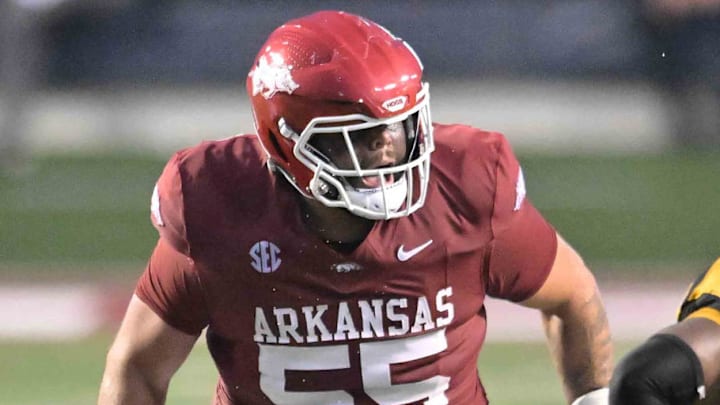 Arkansas Razorbacks offensive lineman Fernando Carmona drops back in pass protection against UAPB at War Memorial Stadium in Little Rock, Ark.