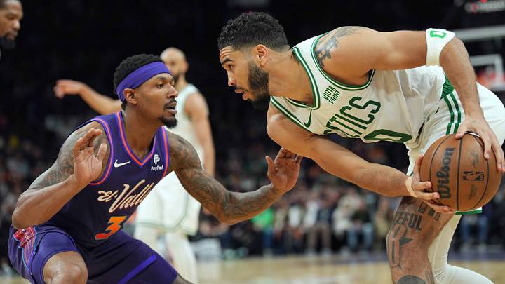 Mar 9, 2024; Phoenix, Arizona, USA; Phoenix Suns guard Bradley Beal (3) guards Boston Celtics forward Jayson Tatum (0) during the second half at Footprint Center. Mandatory Credit: Joe Camporeale-USA TODAY Sports Mar 9, 2024; Phoenix, Arizona, USA; Phoenix Suns guard Bradley Beal (3) guards Boston Celtics forward Jayson Tatum (0) during the second half at Footprint Center. Mandatory Credit: Joe Camporeale-USA TODAY Sports