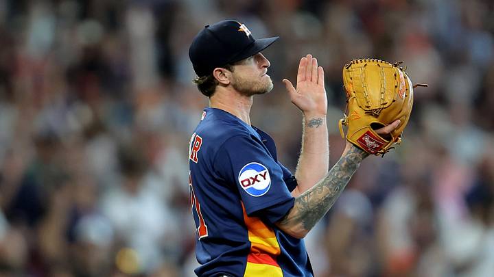 Jun 21, 2026; Houston, Texas, USA; Houston Astros pitcher Josh Hader (71) reacts after a strikeout to end the game against the Cleveland Guardians during the ninth inning at Daikin Park. Mandatory Credit: Erik Williams-Imagn Images