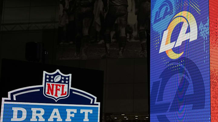 Feb 7, 2022; Los Angeles, CA, USA; Los Angeles Rams and Cincinnati Bengals loos are seen at the NFL Draft exhibit at the Super Bowl LVI Experience at the Los Angeles Convention Center. Mandatory Credit: Kirby Lee-Imagn Images