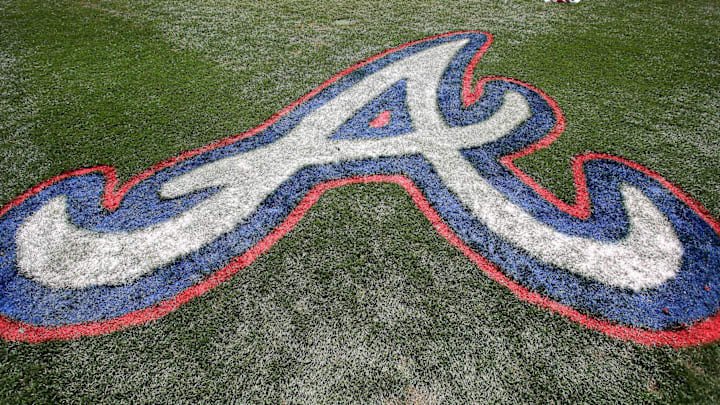 Mar 15, 2015; Lake Buena Vista, FL, USA; The Atlanta Braves logo painted on the field during a spring training baseball game at Champion Stadium. The Toronto Blue Jays beat the Atlanta Braves 10-5. Mandatory Credit: Reinhold Matay-Imagn Images
