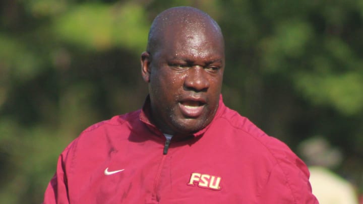 Florida State Seminoles running backs coach David Johnson shouts instructions during college football practice at the University of North Florida on August 13, 2021. [Clayton Freeman/Florida Times-Union]