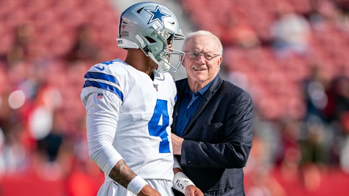 August 10, 2019; Santa Clara, CA, USA; Dallas Cowboys quarterback Dak Prescott (4) and owner Jerry