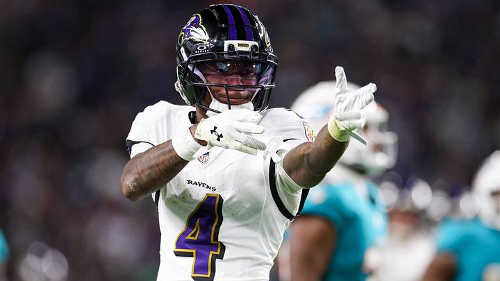 Oct 30, 2025; Miami Gardens, Florida, USA; Baltimore Ravens wide receiver Zay Flowers (4) reacts after a play against the Miami Dolphins in the third quarter at Hard Rock Stadium. Mandatory Credit: Nathan Ray Seebeck-Imagn Images