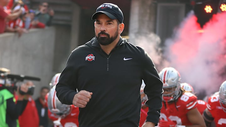 Oct 26, 2024; Columbus, Ohio, USA; Ohio State Buckeyes head coach Ryan Day looks on before the game against the Nebraska Cornhuskers at Ohio Stadium. Mandatory Credit: Joseph Maiorana-Imagn Images