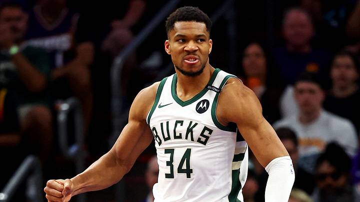 Mar 24, 2025; Phoenix, Arizona, USA; Milwaukee Bucks forward Giannis Antetokounmpo (34) reacts after a play during the second quarter against the Phoenix Suns at Footprint Center. Mandatory Credit: Mark J. Rebilas-Imagn Images