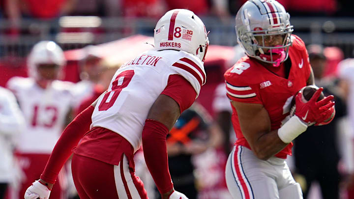 Nebraska defensive back DeShon Singleton pursues Ohio State receiver Emeka Egbuka during the teams' 2024 game in Columbus.