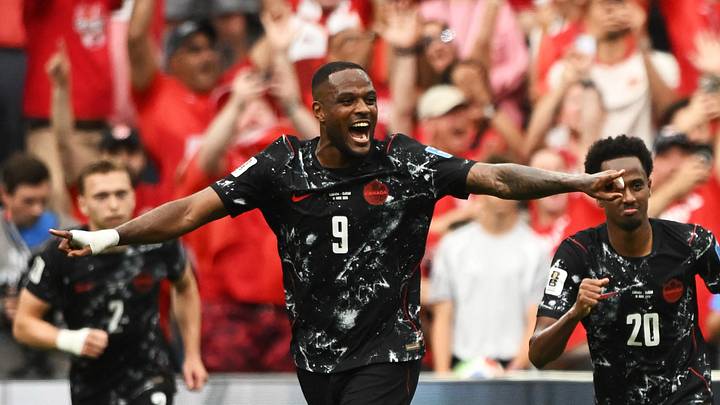 Soccer Football - FIFA World Cup 2026 - Group B - Canada v Qatar - BC Place, Vancouver, Canada - June 18, 2026 Canada's Nathan Saliba celebrates scoring their fourth goal with Cyle Larin and Ali Ahmed IMAGN IMAGES via Reuters/Anne-Marie Sorvin Soccer Football - FIFA World Cup 2026 - Group B - Canada v Qatar - BC Place, Vancouver, Canada - June 18, 2026 Canada's Nathan Saliba celebrates scoring their fourth goal with Cyle Larin and Ali Ahmed IMAGN IMAGES via Reuters/Anne-Marie Sorvin