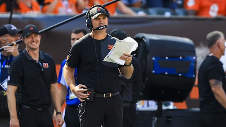 Sep 14, 2025; Cincinnati, Ohio, USA; Cincinnati Bengals head coach Zac Taylor stands on the field during the second half in the game against the Jacksonville Jaguars at Paycor Stadium. Mandatory Credit: Katie Stratman-Imagn Images